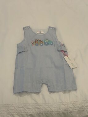 NWT Cecil & Lou Light Blue Pinstripe Baby Romper with Tractor Appliqué